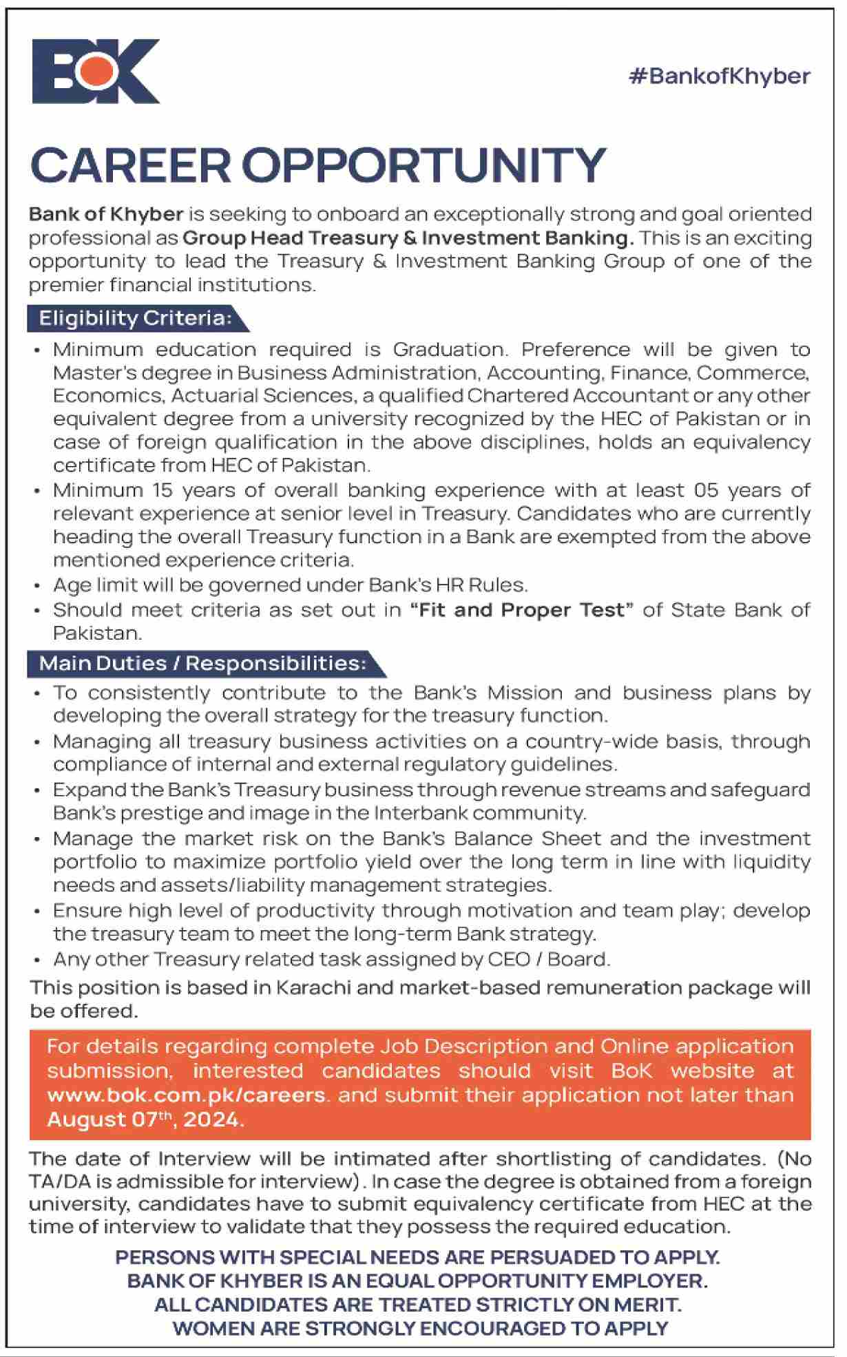 The Bank of Khyber BOK Careers