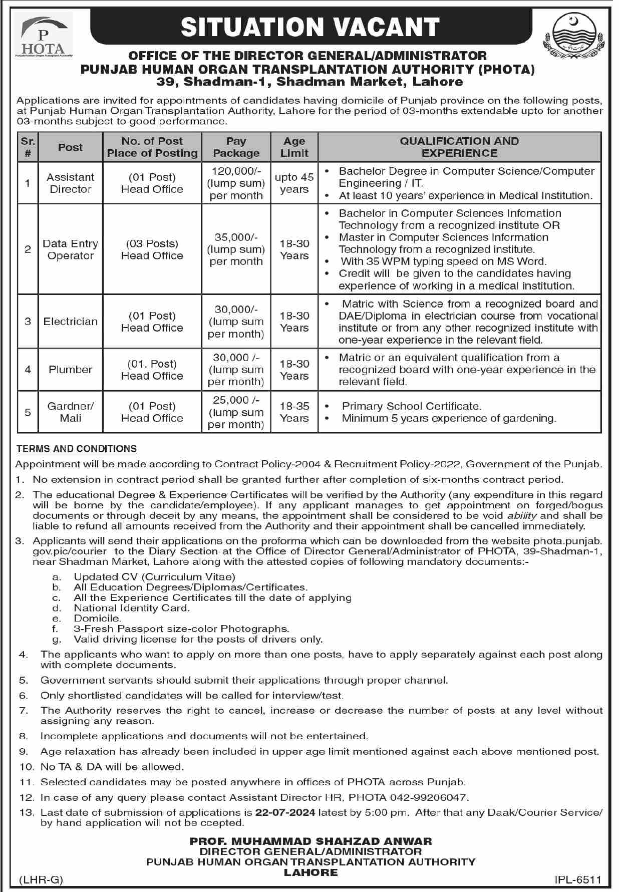 Punjab Human Organ Transplantation Authority PHOTA Jobs