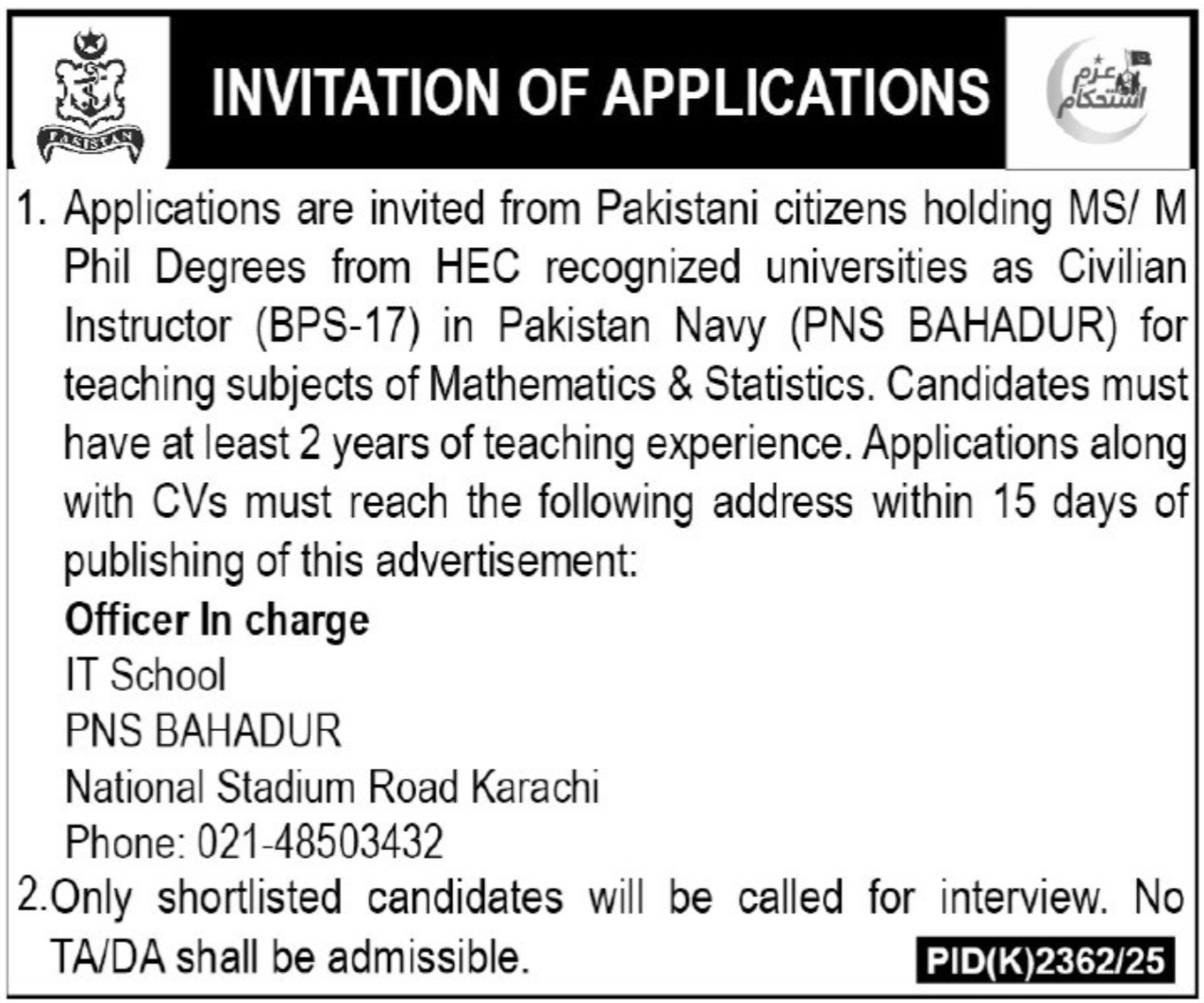 Pak Navy Civilian Jobs