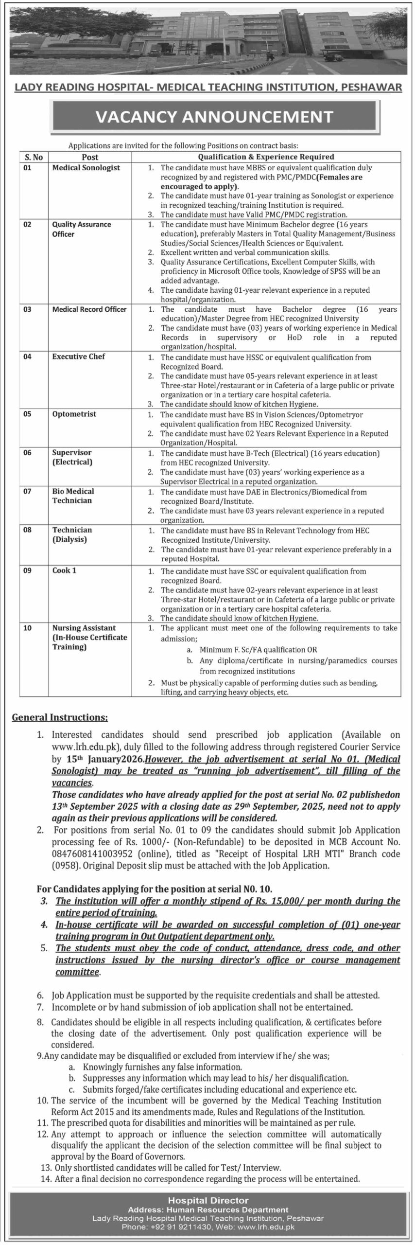Lady Reading Hospital MTI Peshawar LRH Jobs