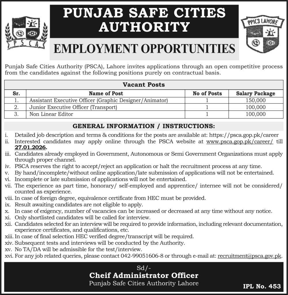 Punjab Safe Cities Authority PSCA Jobs